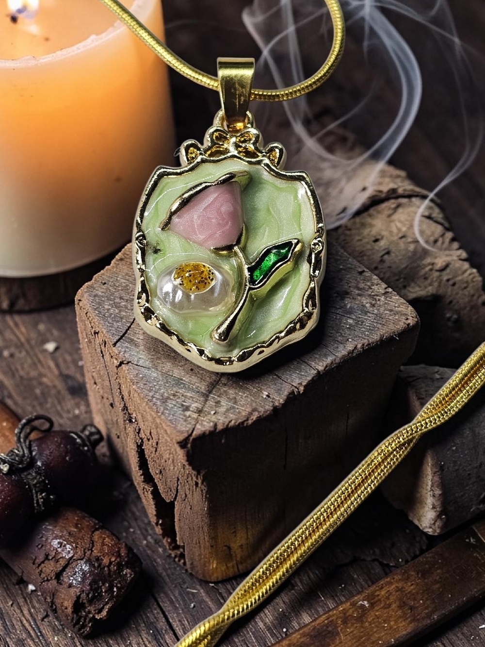 Gold Floral Pendant Necklace with Pink Rose Accent